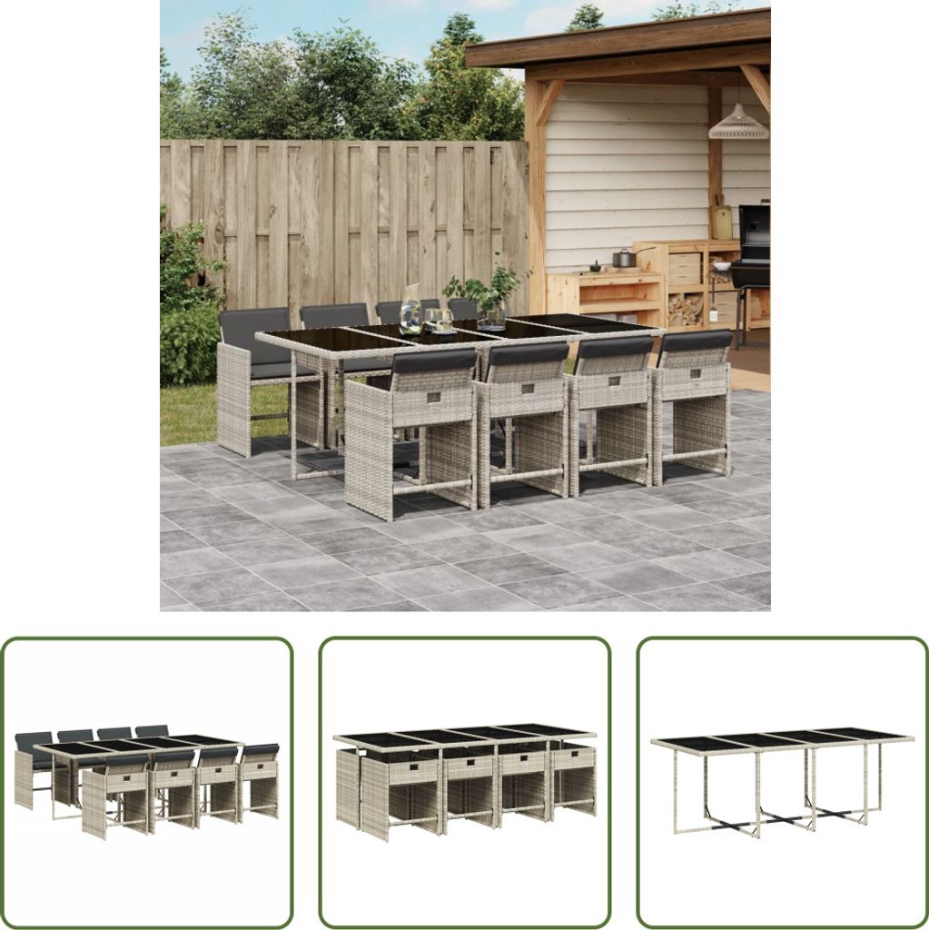 The Living Store 9-tlg. Garten-Essgruppe mit Kissen Hellgrau Poly Rattan