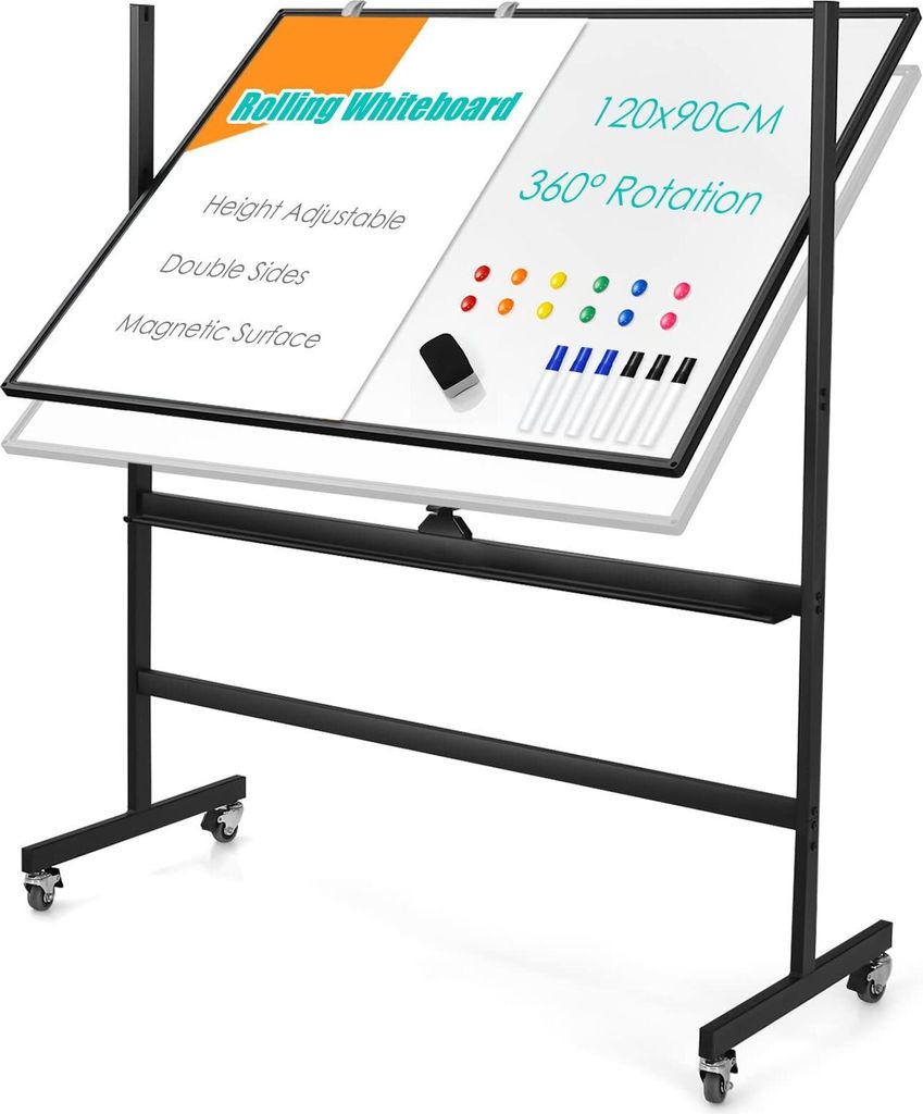 GOPLUS Whiteboard 120x90cm mit Rollen abschließbar, mit Ständer & Flipchart, Höhenverstellbar doppelseitig Whiteboard, magnetisch Tafel 360° dr...