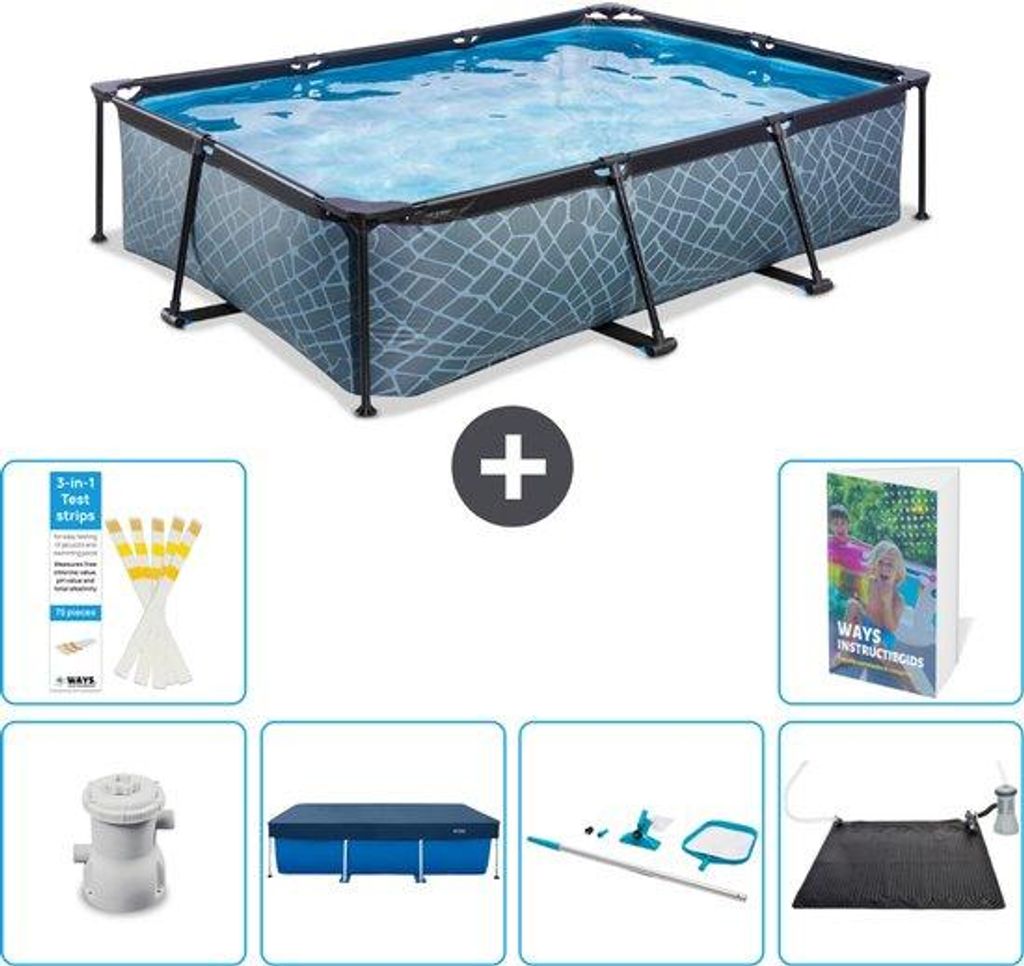Rechteckiges Steingebilde Pool - 300 x 200 x 65 cm - Mit Pumpe Abdeckvorhang - Reinigungssatz - Solar-Matte - 7-teilig