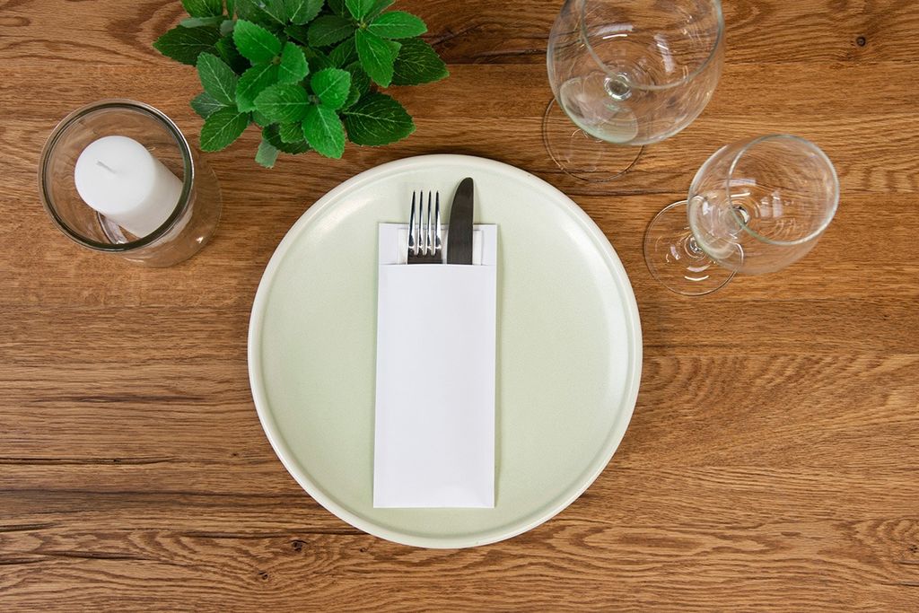 Papierbestecktaschen in Weiß mit Tissue-Serviette in Weiß, 20 cm x 8,5 cm - 100 Stück