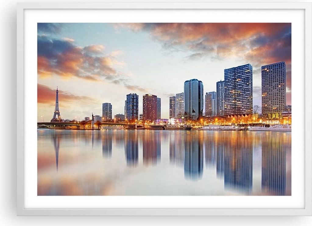 Gerahmtes Poster - Weißer Rahmen - Fluss Wolkenkratzer Ansicht Eiffle - 70x50 cm - Wand Bild - Wanddeko - Wandbilder - Wandposter - Bilderrahmen -...