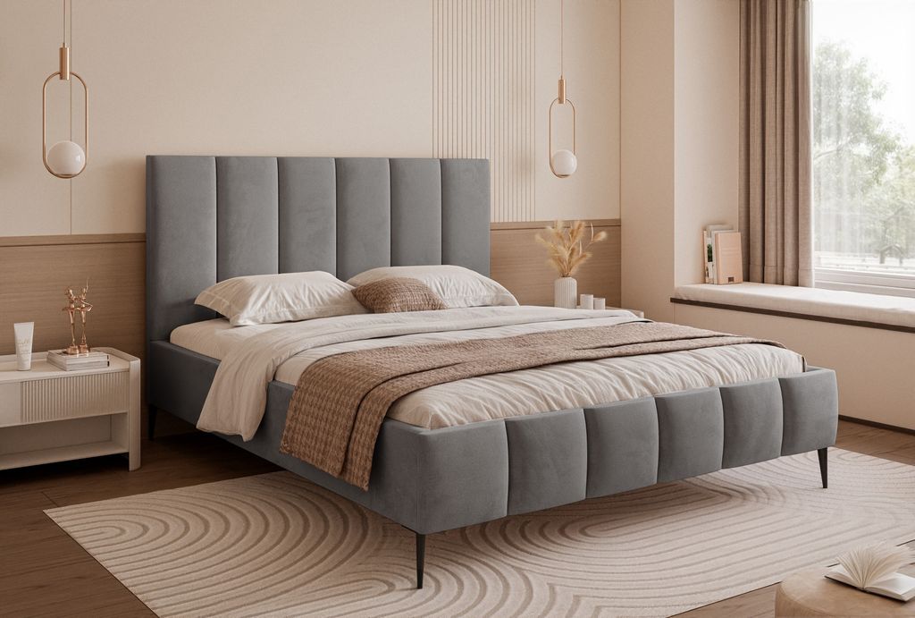 Besilio Möbel - Bett 160x200 Tamara II Slim Samtstoff - Schlafzimmerbett mit Bettkasten & Lattenrost - Dunkelgrau & Velluto 18