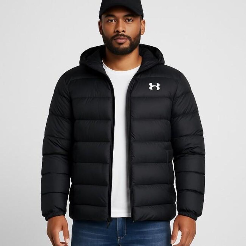 A man wearing a black hooded puffer jacket with the Under Armour logo on the chest.