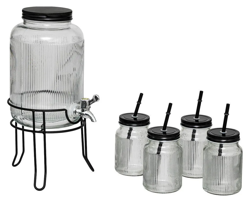 Fontaine à boisson 4 litres et lot de 4 verres pour cocktail et jus