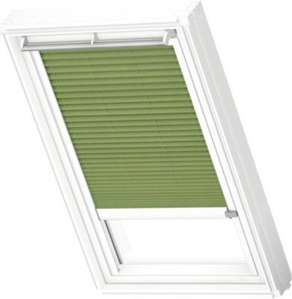 VELUX Dachfenster Plissee blickdicht moosgrün mit weißem Alu-Rahmen solarbetrieben FSL PK10 1280KWL