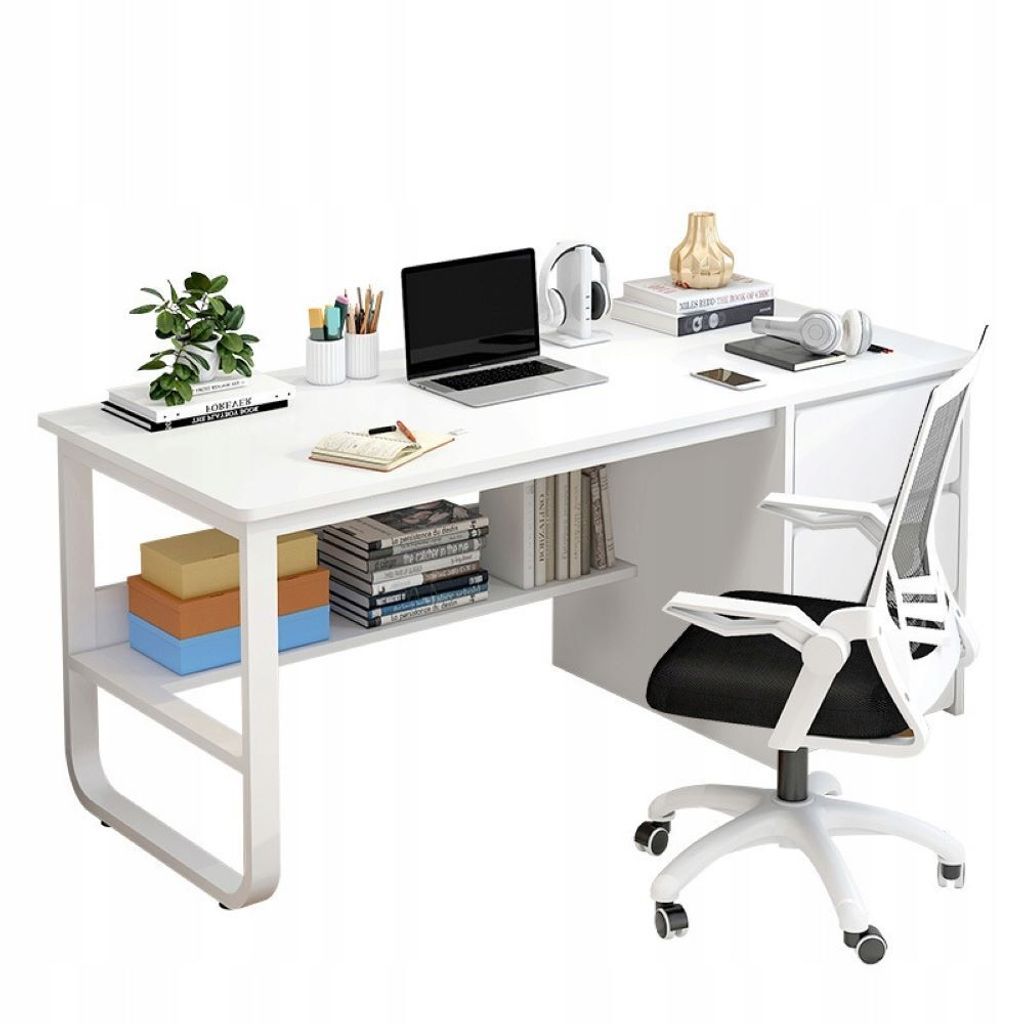 A white computer desk with shelves, a laptop, headphones, books, and a white office chair.