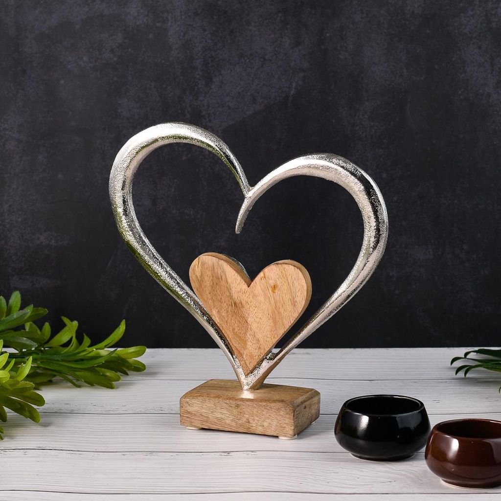 Marrakesch Dekofigur Herz Amour -3- Holz Aluminium Handarbeit H 20cm Boho Chic modern romantisch Geschenk Valentinstag Hochzeit Tischdeko Mangoholz...