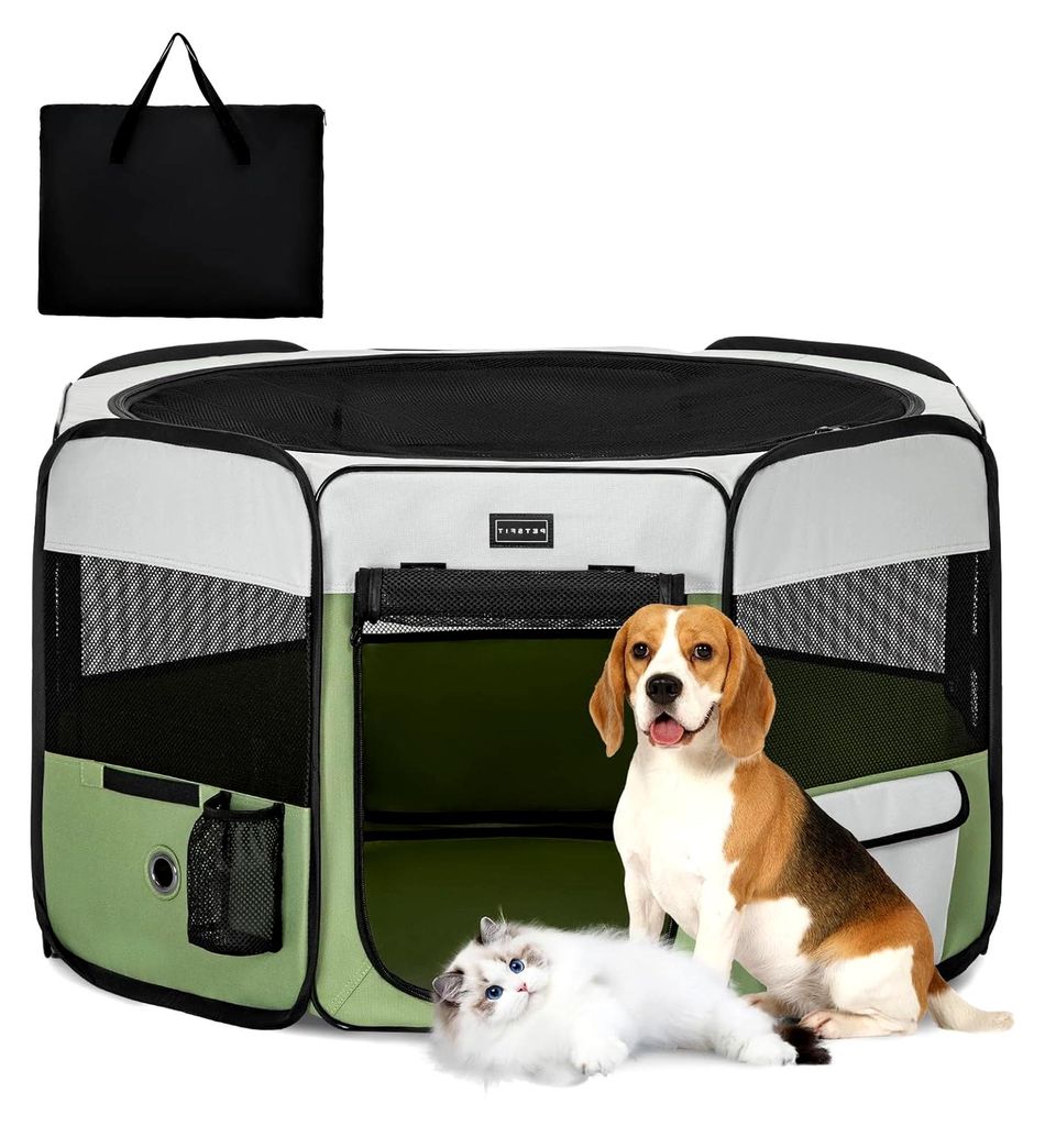 Faltbarer Welpenauslauf für Kleintiere, Hunde und Katzen, Hundelaufstall mit wasserdichtem Boden, Pop-up-System, kausicheres Design, Grau/Grün, 9...