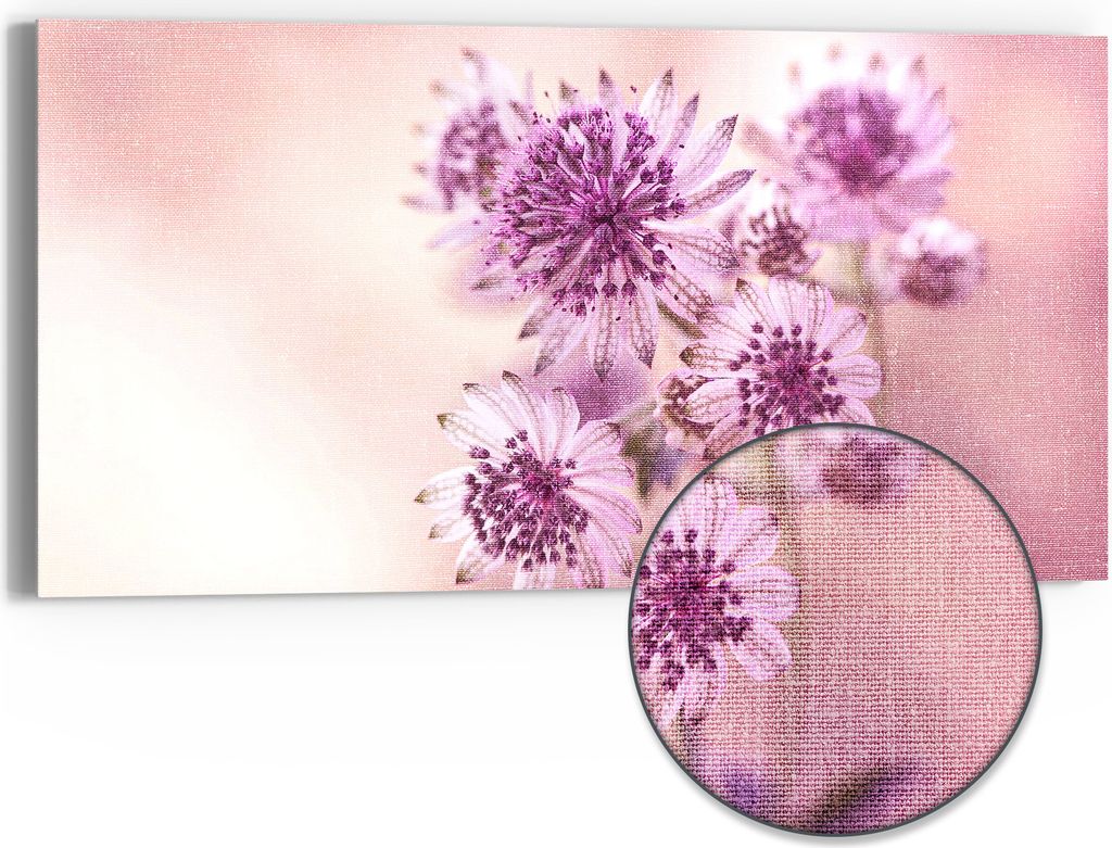 DEQORI Hybrid Leinwand Bild 60x30 cm 'Lila Sterndolden' Wandbild Glas flach modern