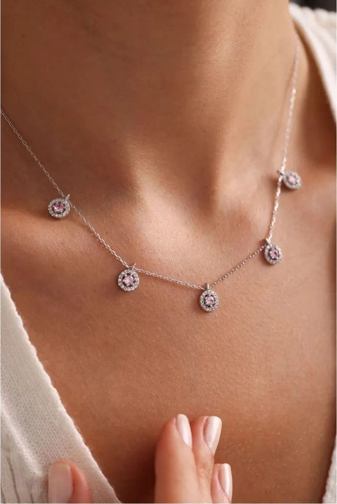 Collier Porte-bonheur Femme Argent 925 Rhodié et Zircone Rose Brillant