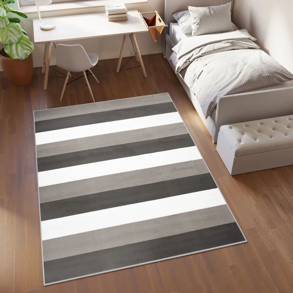 Tapis Anti-Allergies Oekotex 200x300 cm Salon Moderne Gris Crème Rayé
