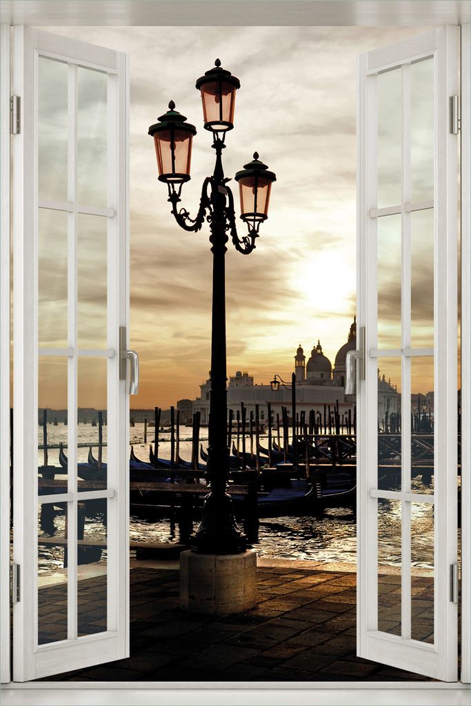 Wallario Poster mit Fenster-Illusion: Venedig - Lagune bei Sonnenuntergang, Größe: 61 x 91,5 cm (Maxiposter)