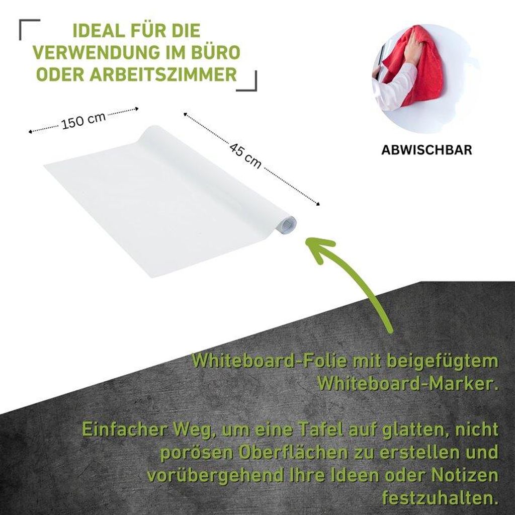 Whiteboard Folie 45x150cm, selbstklebend, abwischbar und Produktbild 