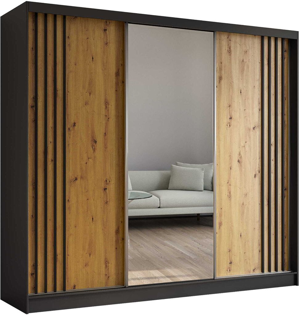 AGMAT Schwebetürenschrank Lugo, Kleiderschrank mit 3 Türen und Spiegel, Moderne Garderobe in Farbe: Schwarz / Artisan, Schrank in Größe: 240 x ...