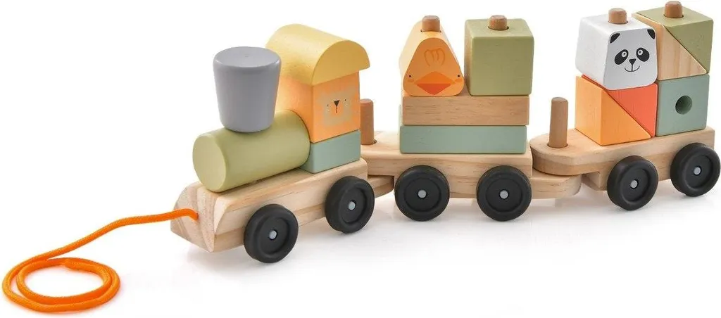 Train en bois à empiler avec animaux et système de connexion à crochets