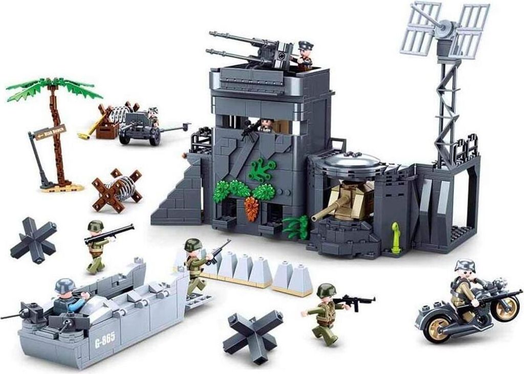 A collection of toy military building blocks depicting a World War II-themed scene, including a fort, vehicles, and figures.