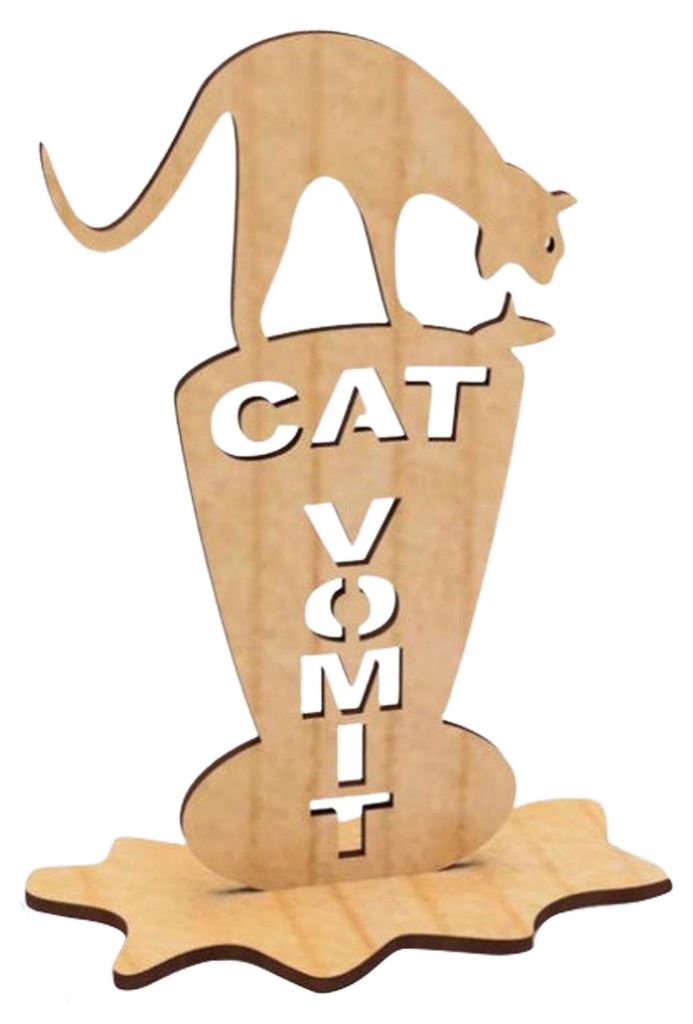Lustiges Warnschild „Katzenkotze“ aus Holz, ideal für den Schreibtisch, als Scherzgeschenk für Kollegen und Katzenbesitzer.