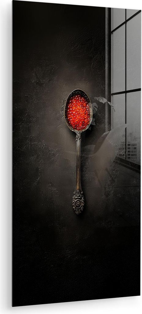 MuchoWow Glasbilder - Bilder auf Wandbild - Foto auf Glas Schwarz - Löffel - Kaviar 40x80 cm Wanddekoration aus Glas - Acrylglasbild - Acrylbilder...