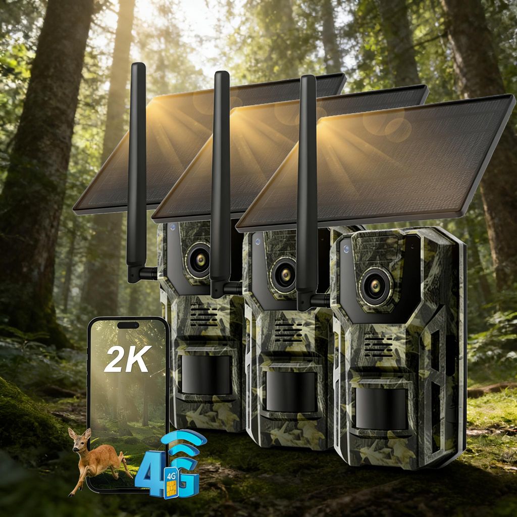 3 Stück 4G LTE Wildkamera mit App & Bewegungsmelder 2K Produktbild 
