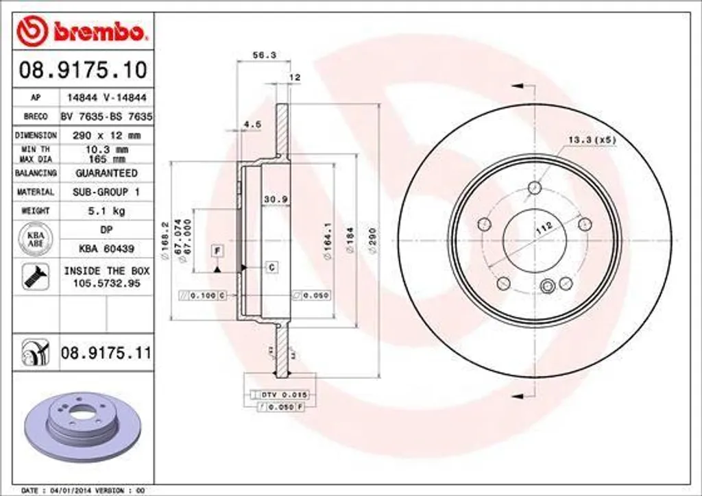 Brembo 08.9175.11 Disque de Frein OE 2104230512 pour Mercedes Classe E