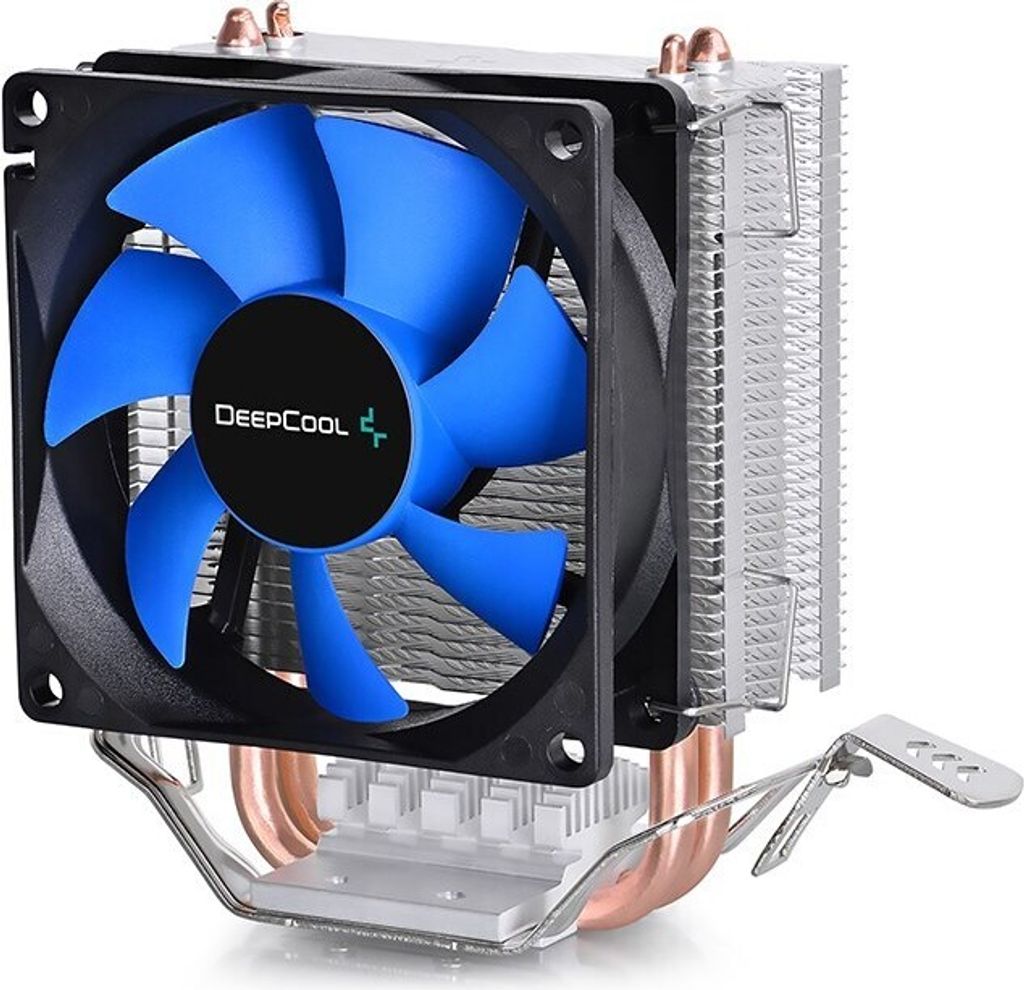 A computer CPU cooler with a blue fan and copper heat pipes.