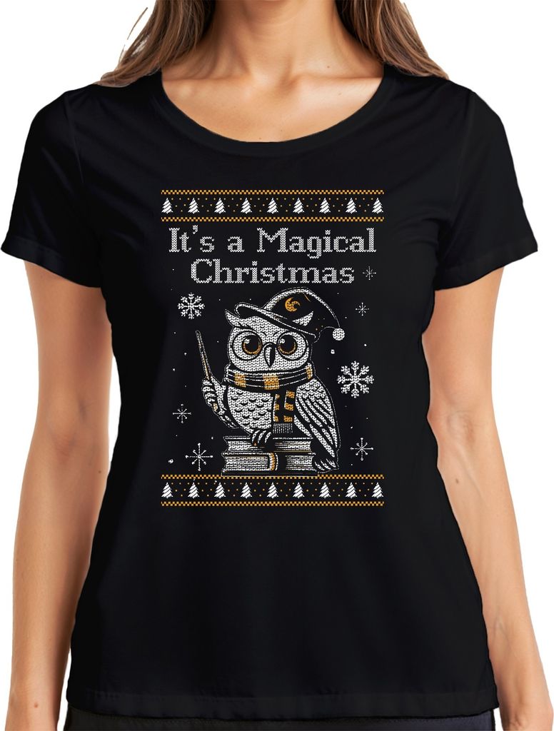 It's a Magical Christmas Eule Zauberei - Weihnachten Weihnachtsgeschenk Christmas Damen T-Shirt, Schwarz, XL