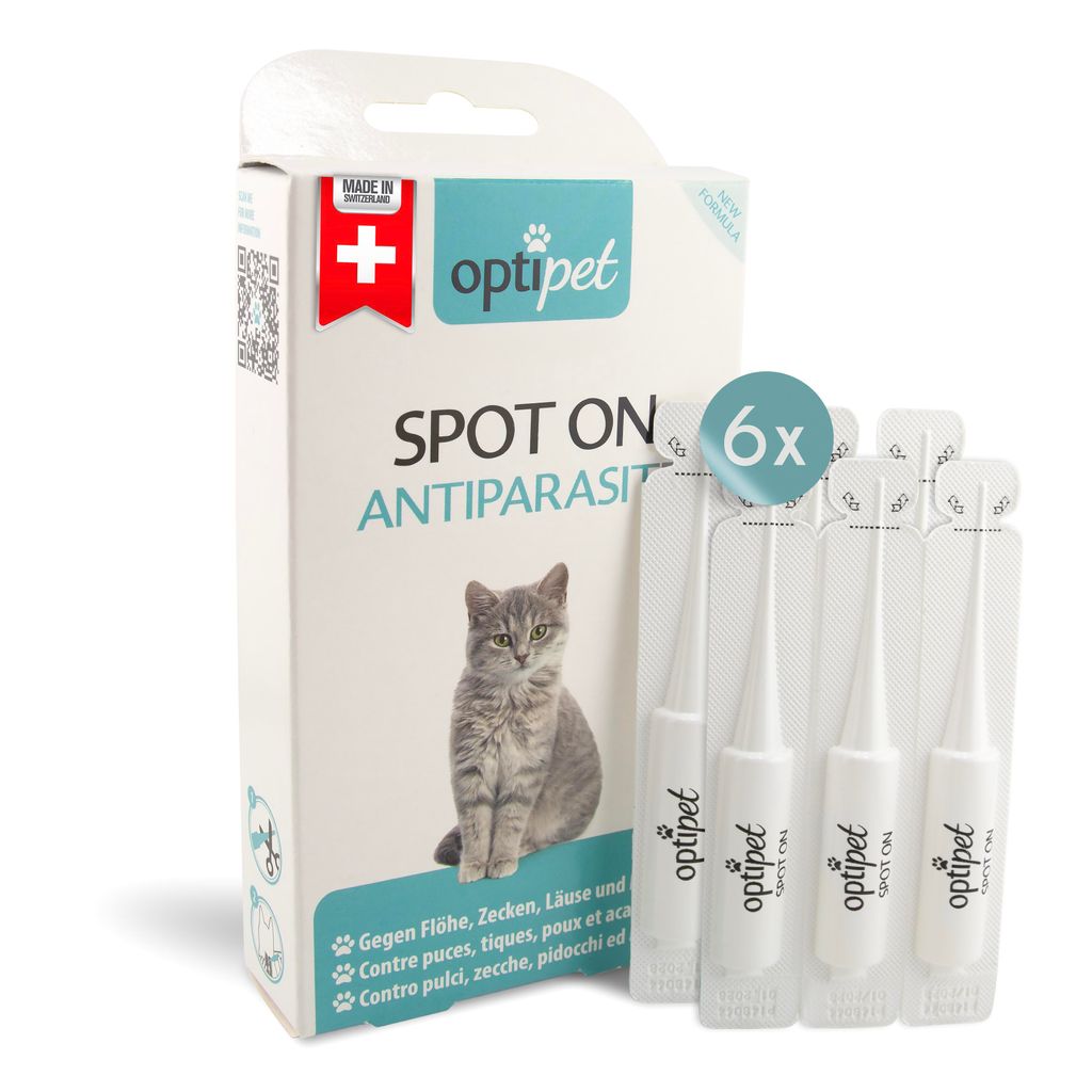 A box of OptiPet Spot On antiparasitic treatment for cats, with six individual applicators shown next to it.