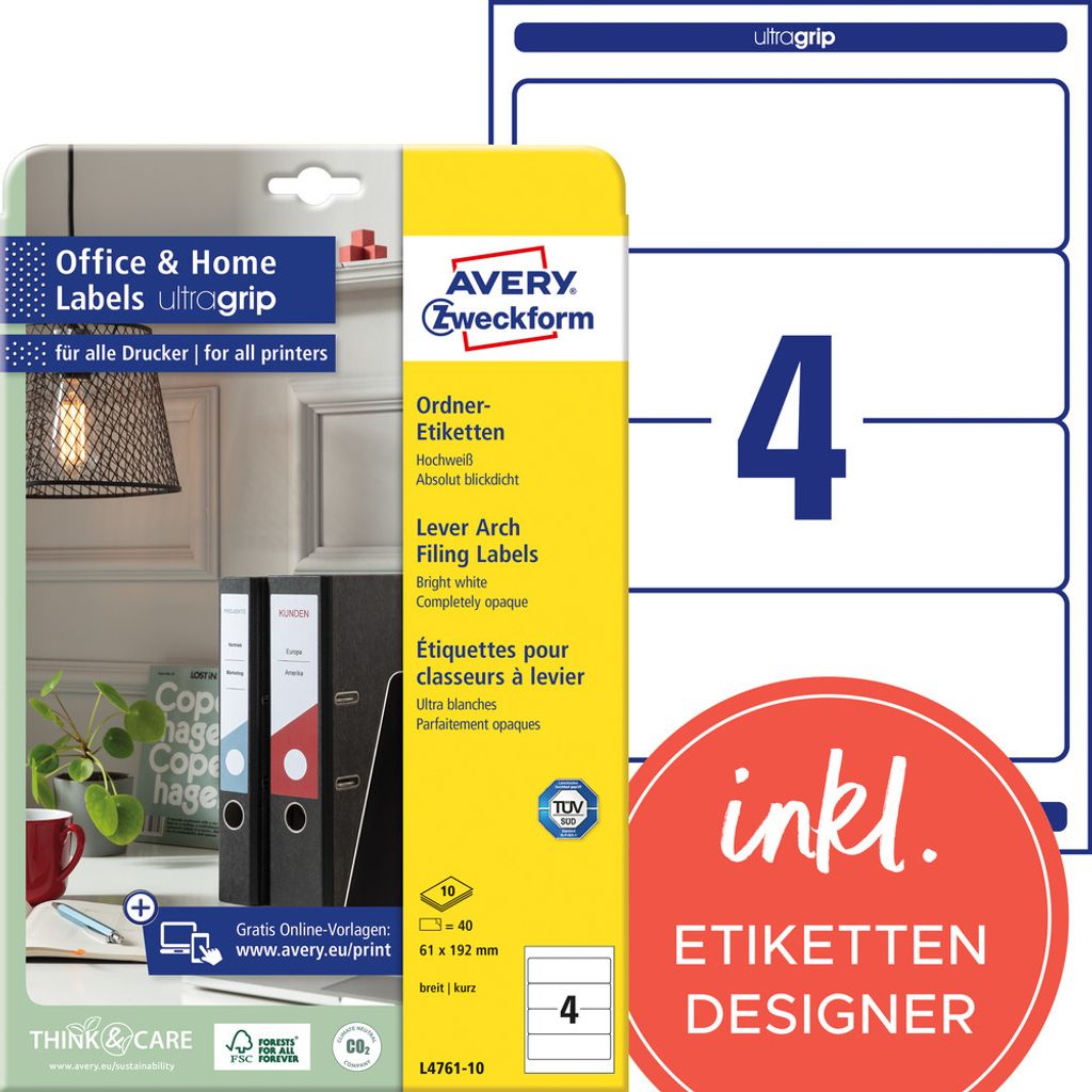 Avery Zweckform L4761-10 Ordner-Etiketten, Home Office, Kleinpackung, A4 mit ultragrip, 61 x 192 mm, 10 Bogen/40 Etiketten, weiß