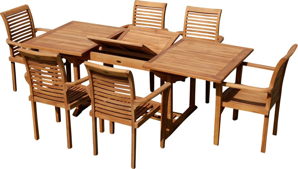 ALEOS. Teak Set: Gartengarnitur SABA Ausziehtisch 150-210 cm x 90 cm + 6 Alpen Sessel Serie JAV