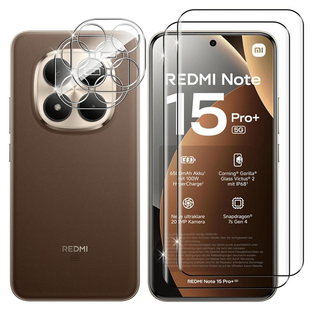 A collage showing a smartphone with its camera module and a screen protector, and a separate image of the smartphone's screen displaying product specifications.