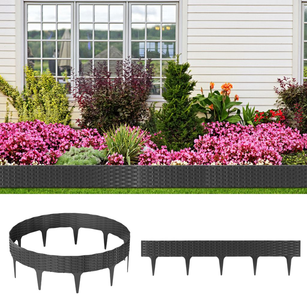 Jiubiaz Rasenkante Rattan-Optik Beeteinfassung Mähkante Wegbegrenzung Beetumrandung Palisade Kunststoff Anthrazit 50 Stücke 50m
