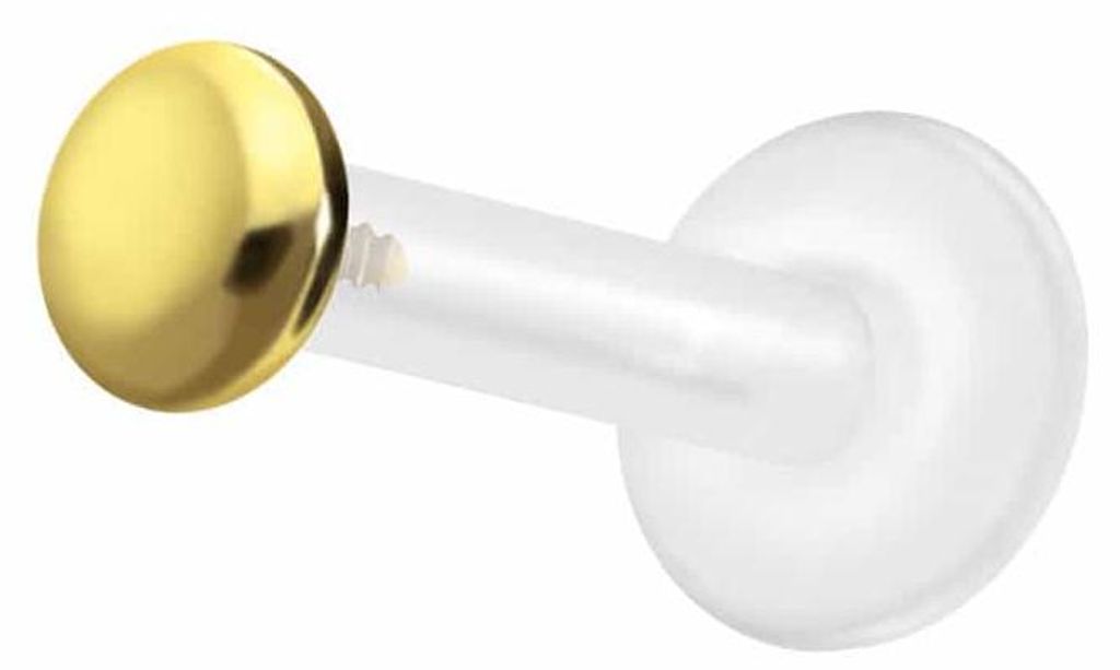 Ohrpiercing, Nasenpiercing PTFE Labret mit Innengewinde + Titan-Aufsatz FLACH Gold Stablänge: 6mm | Stabstärke: 1,6mm | Discgröße: 3mm