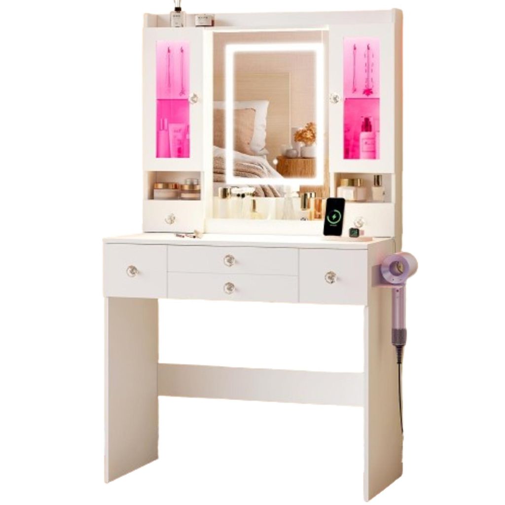 Schminktisch mit LED-Spiegel & Vitrine | 80 cm breit | USB Produktbild 