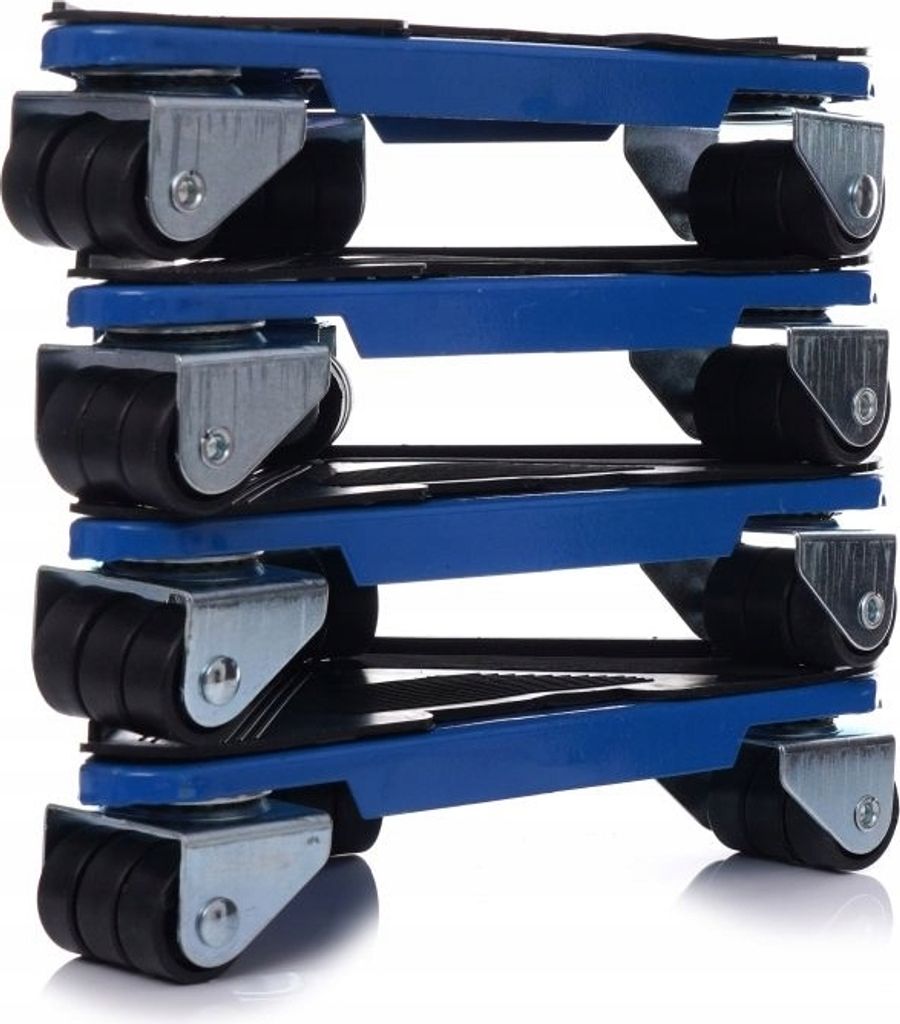 A stack of four blue furniture dollies with black wheels, shown from a diagonal angle.