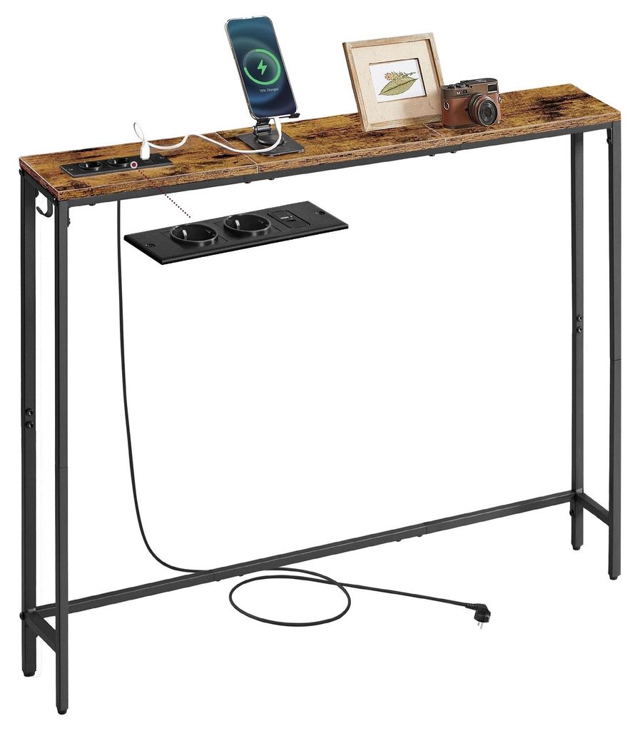 Konsolentisch - Flurtisch - Schmales Design - 15 x 100 x 80 cm - Mit Ladestation - Mit Haken - Zum Zusammenbauen - Braun-Schwarz