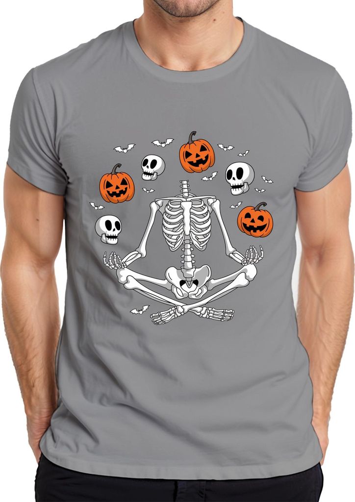 Halloween Skelett Yoga Meditation Kürbis Totenkopf Fledermaus Herren T-Shirt, Grau, XL