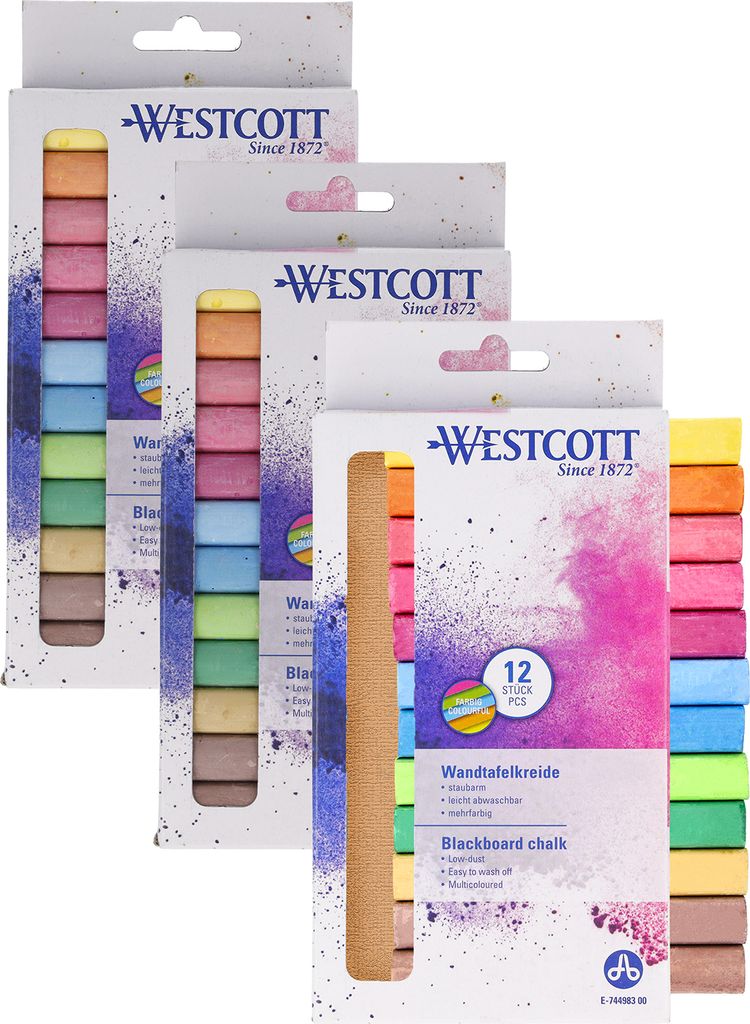 Westcott Kreide 12 Stück Bunt (3er-Set) | 3 x 12er Pack Tafelkreide mit 1,2cm in leuchtenden Farben | staubarm & leicht abwischbar | 8,5cm lan...