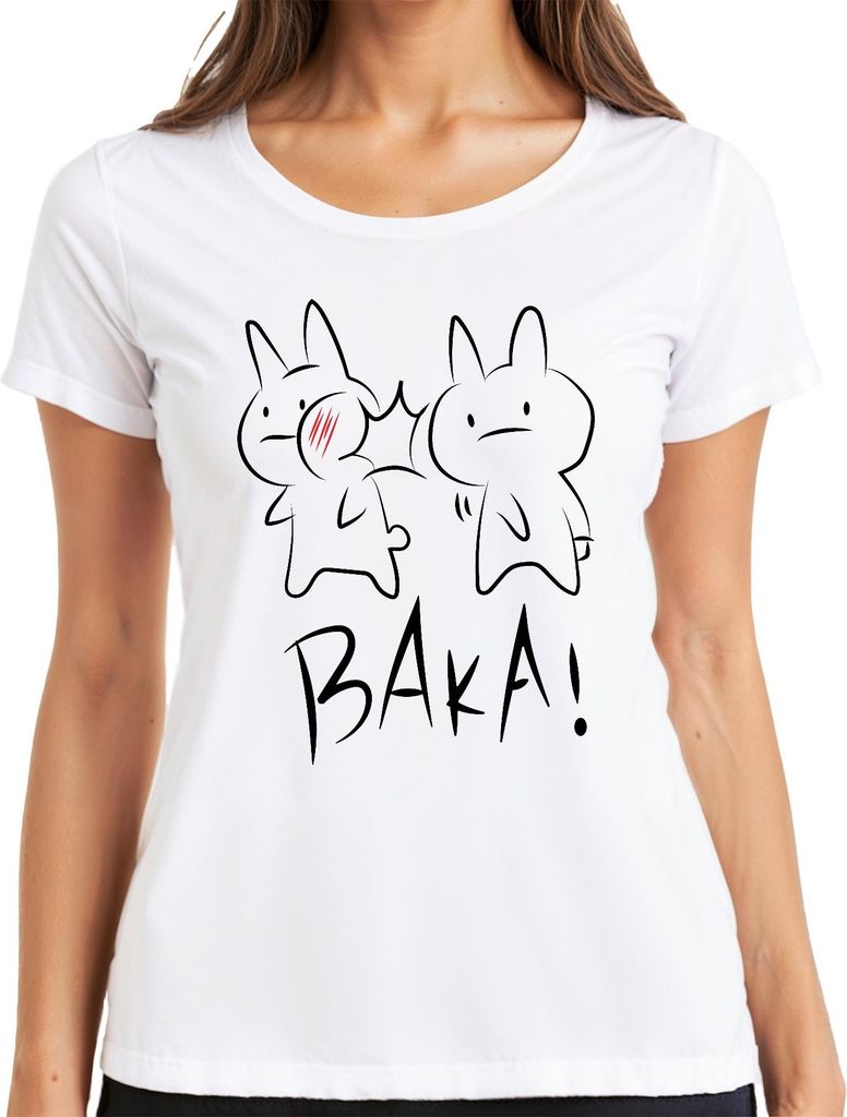 BAKA! Anime Hase Ohrfeige Kawaii Otaku Manga Geschenk Niedlich Damen T-Shirt, Weiß, M