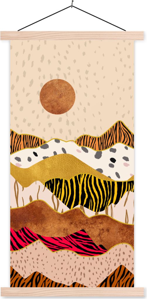 MuchoWow Textilposter Tiger Druck - Pastell - Gold - Druck - Tiger - Abstrakt 60x120 cm mit holzfarbenen Rahmen - Holz