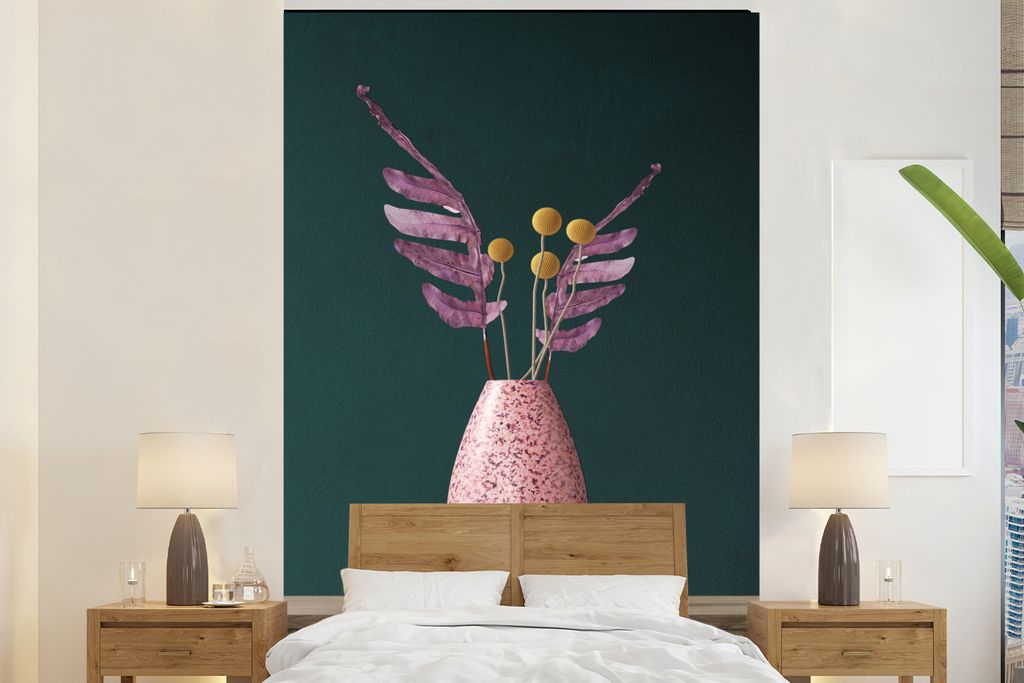 MuchoWow Fototapete für Wohnzimmer oder Schlafzimmer Wandtapete Vinyl Motivtapete Stilleben - Pflanzen - Vase - 155x240 cm - Tapete