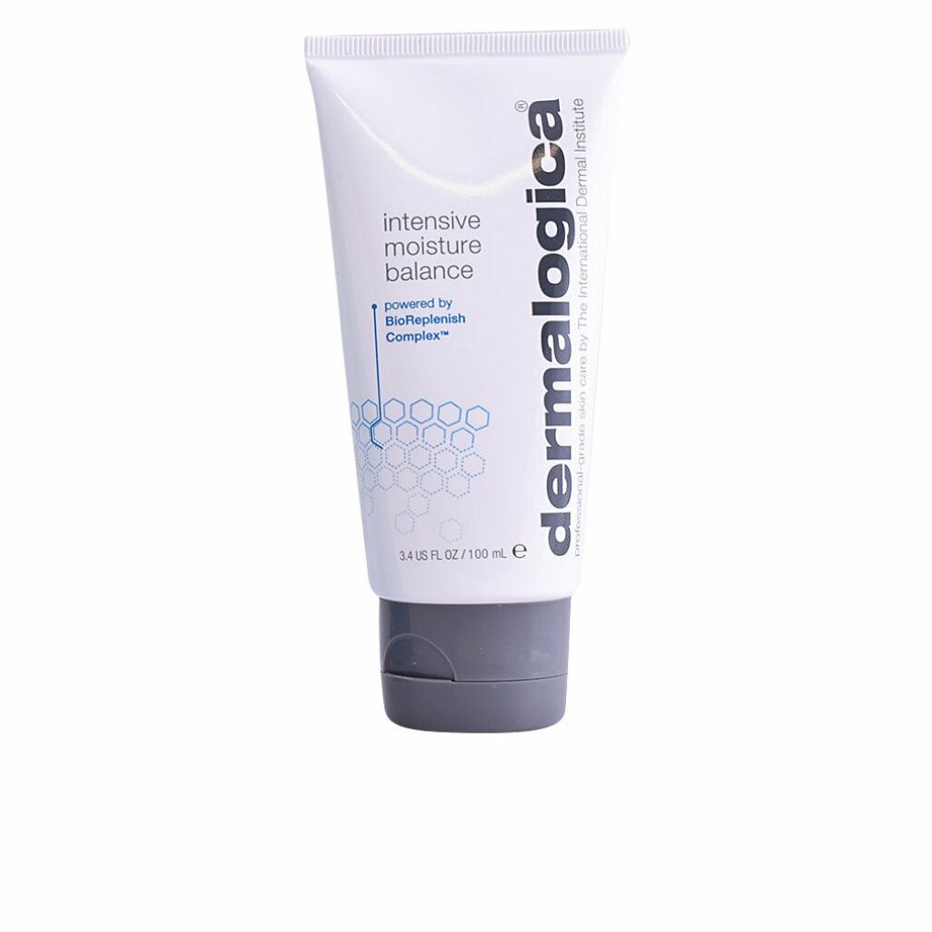 A white tube of Dermalogica Intensive Moisture Balance cream with a gray cap, set against a white background.