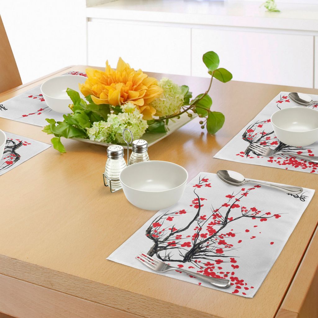 ABAKUHAUS Natur Platzmatten, Kirschblüte-Blüte-japanischer Kirschbaum-Garten-Sommerzeit-Weinlese-Kulturdruck, Tiscjdeco aus Farbfesten Stoff für...