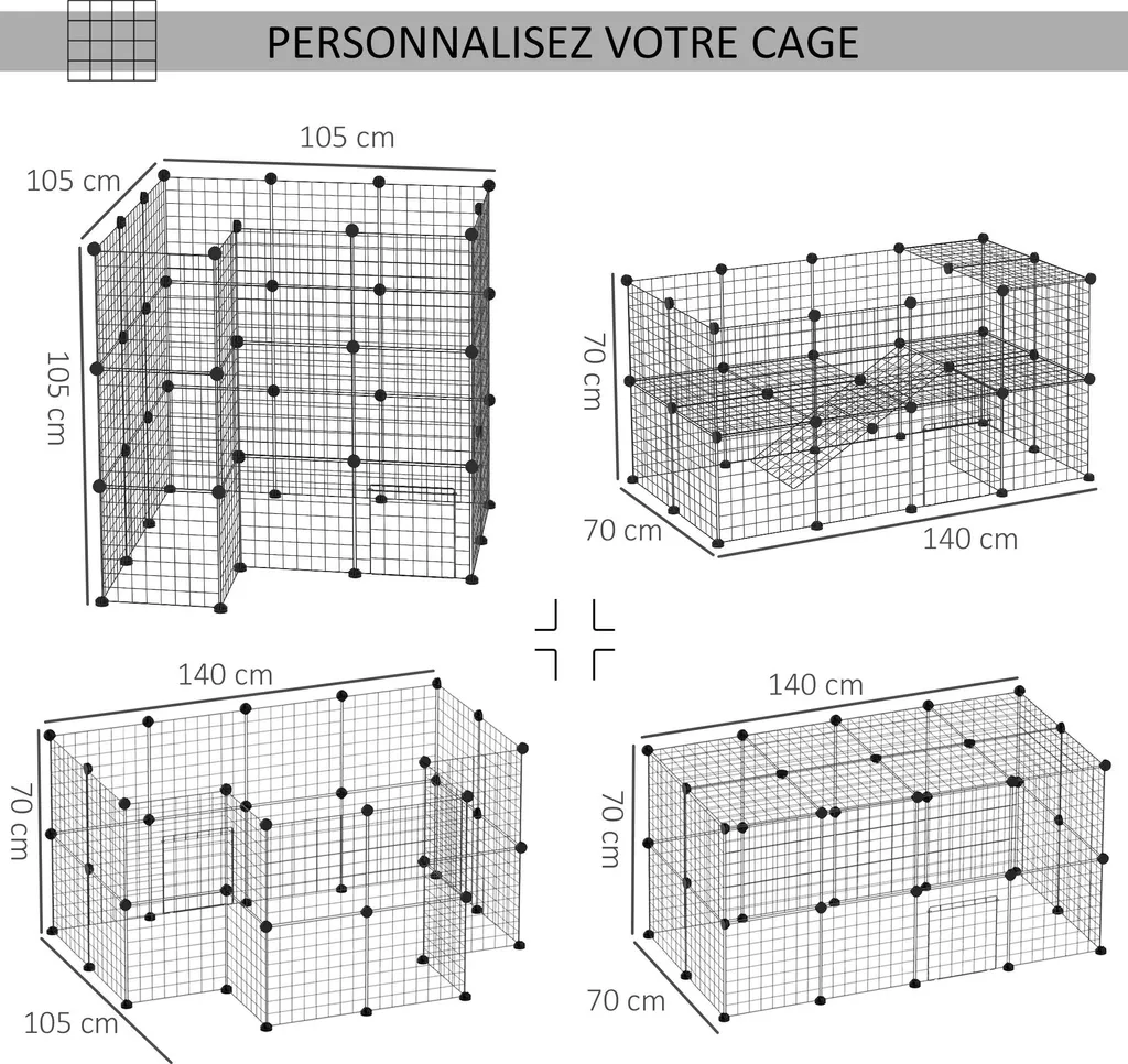 Enclos modulable 36 panneaux avec bords arrondis pour petits animaux noir