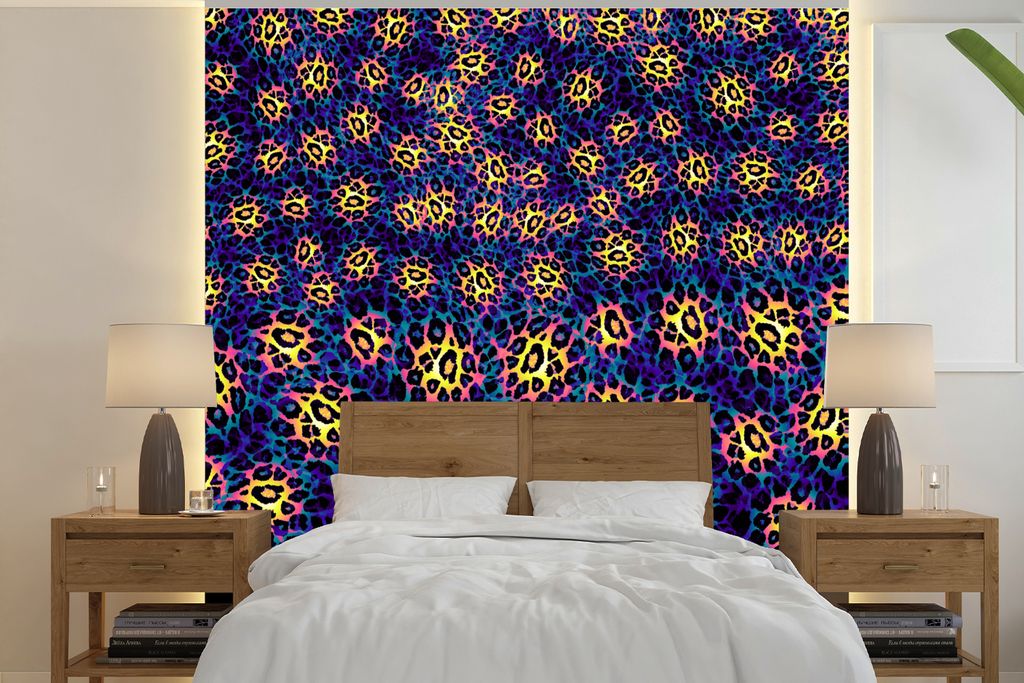 MuchoWow Fototapete für Wohnzimmer oder Schlafzimmer Wandtapete Vinyl Motivtapete Leopard - Muster - Blau - 220x220 cm - Tapeten