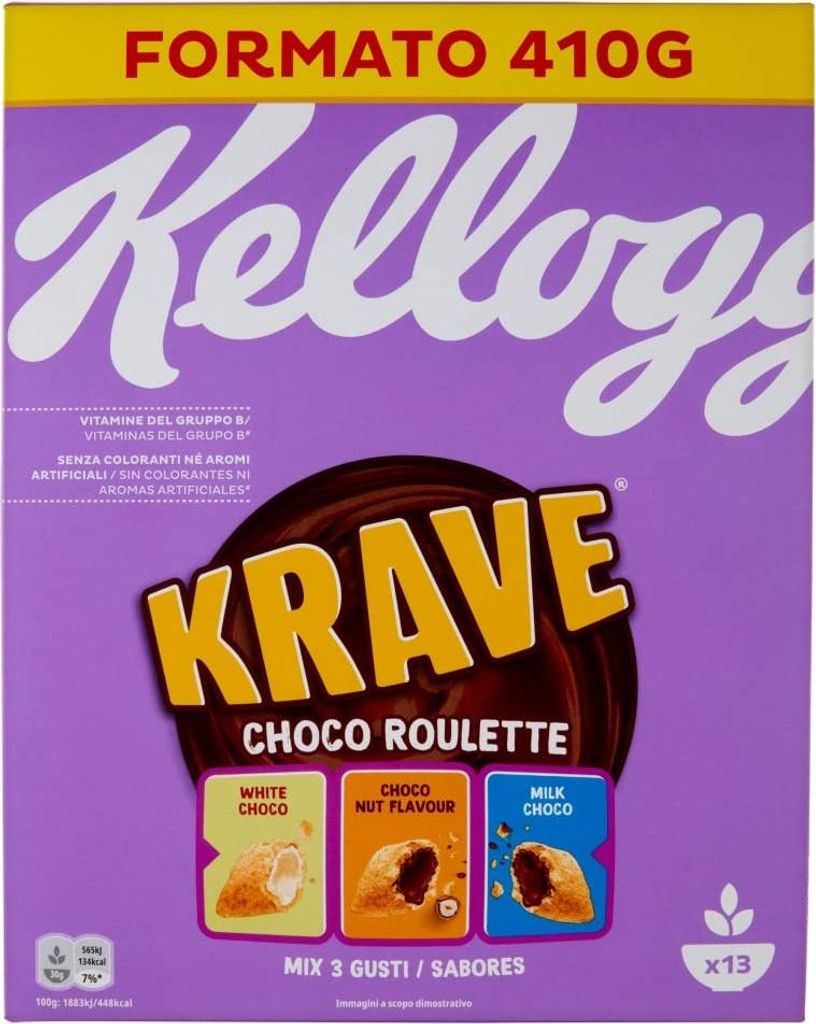 6x Kellogg's Krave Choco Roulette Cerealien Weizen-, Hafer- und Reisbündel mit Milchschokoladenfüllung 410g