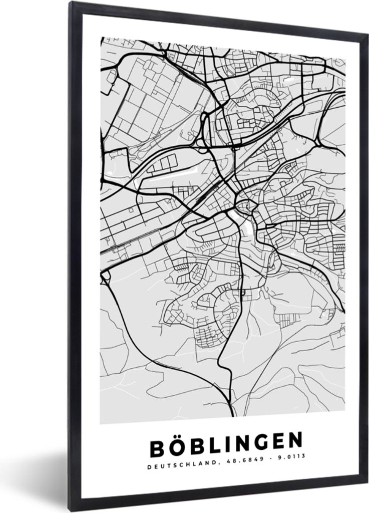 MuchoWow Gerahmtes Poster Stadtplan - Böblingen - Karte - Deutschland 20x30 cm - Poster mit Schwarzem Bilderrahmen Wandposter Rahmen Foto Bilder...