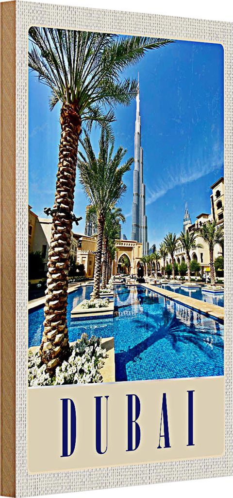 Holzschild Reise 20x30cm Dubai Palmen Wolkenkratzer Urlaub