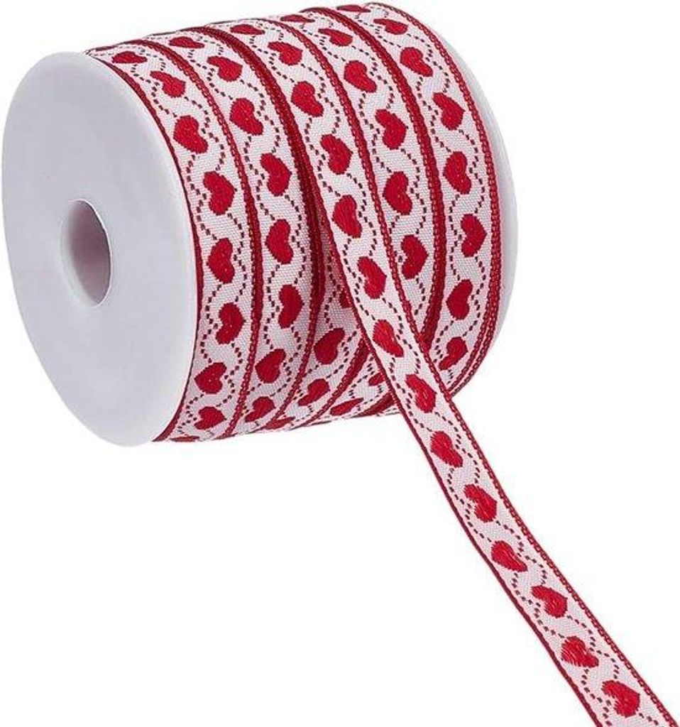 Herzbrokat-Strickband 10mm breit - roter Herzbrokat - Herzknoten-Strickband aus Gewebe mit Kunststoff-Spule für Geschenkverpackung - Kleidungszube...