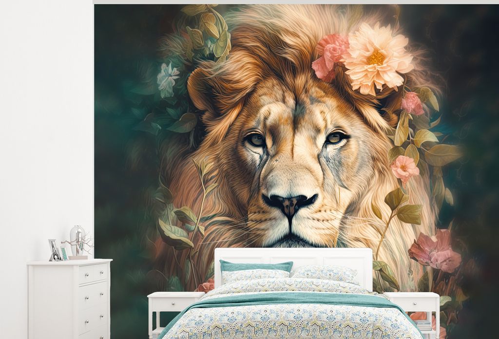 MuchoWow Fototapete für Wohnzimmer oder Schlafzimmer Wandtapete Vinyl Motivtapete Löwe - Löwenkopf - Wilde Tiere - Blumen - 275x220 cm - Gemus...