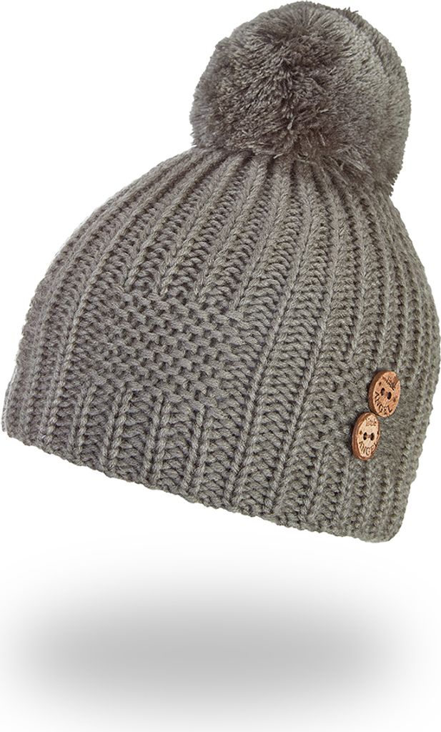 Kinder Beanie Strickmütze Knöpfe Bommel Outlast - Khaki, 5 | 49-53 cm